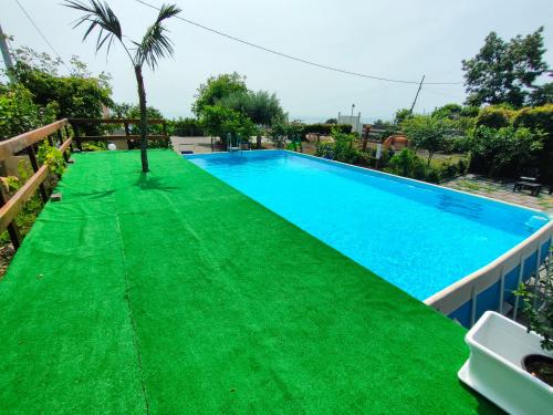 a swimming pool with green grass next to a house at Il Limoneto di Leo in Mascali