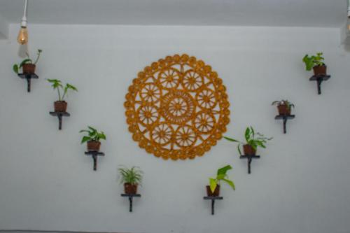 a wall with a window and potted plants on it at Cliff house in Weligama