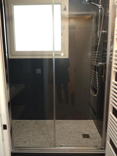 La salle de bains est pourvue d'une douche avec une porte en verre. dans l'établissement Suite Privée à Bordeaux Caudéran, à Bordeaux