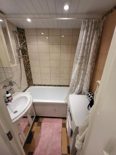 La petite salle de bains est pourvue d'une baignoire et d'un lavabo. dans l'établissement LASNA Place, à Iru