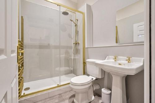 a bathroom with a toilet and a shower and a sink at Waterfoot Park in Pooley Bridge