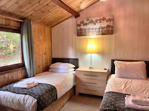 a bedroom with two beds in a wooden cabin at Snowdrop 13-Hot Tub-Woodlandlodges-Carmarthenshire in Carmarthen
