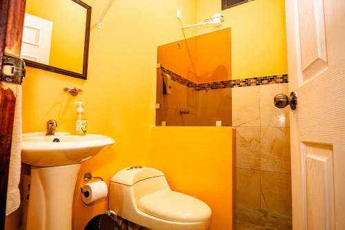 y baño amarillo con lavabo y ducha. en Apartamento Aliga 1 en Quepos