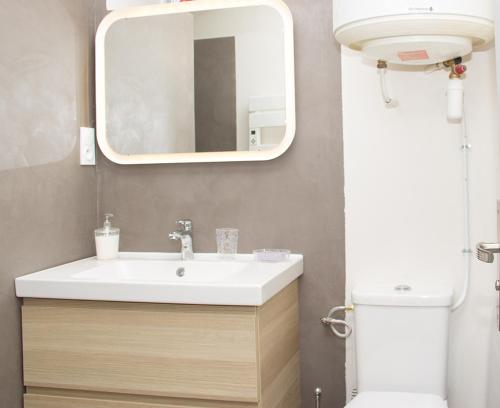 une salle de bain avec un lavabo et un miroir dans l'établissement Gîte les iris, à LʼIsle-sur-la-Sorgue
