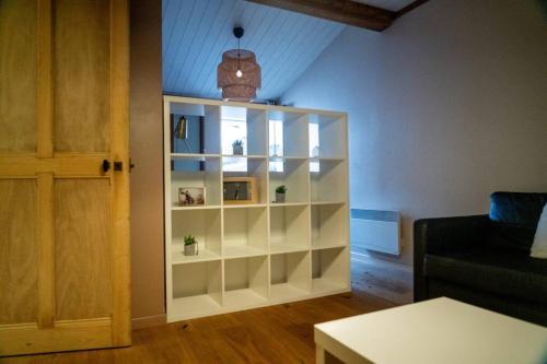 a living room with a white book shelf at Escapade Annécienne in Annecy