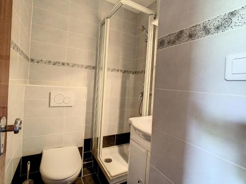 une salle de bain avec toilettes et douche dans l'établissement Charmant studio balcon nord, proche commerces et pistes, résidence avec ascenseur - Fontcouverte - FR-1-417-14, à La Toussuire