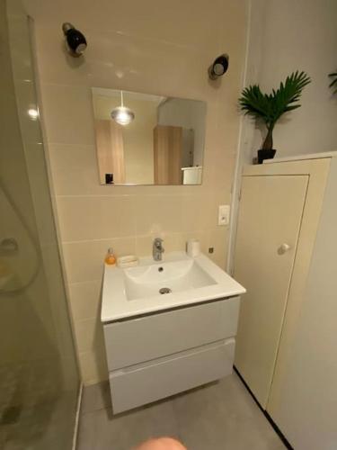 une salle de bain blanche avec un lavabo et un miroir dans l'établissement Villa Le Nid proche plage, à Saint-Palais-sur-Mer