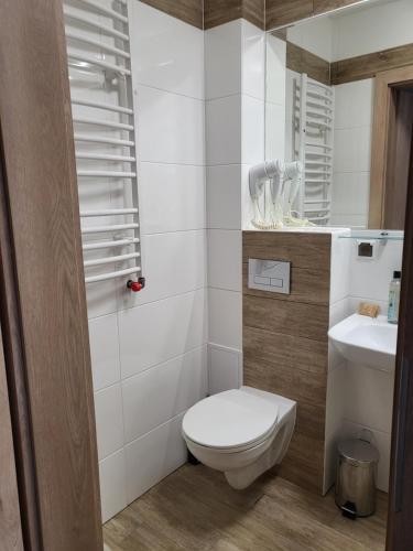 a small bathroom with a toilet and a sink at Apartament Suzi in Grzybowo