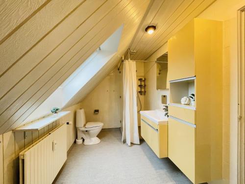 uma casa de banho no sótão com um WC e um lavatório em aday - Modern 3 bedrooms apartment in Svenstrup em Svenstrup