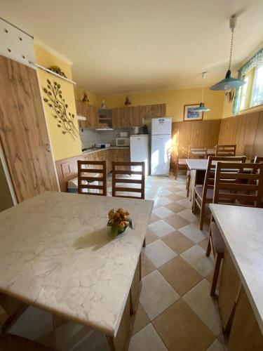 ハイドゥソボスローにあるApartman Dóraのキッチン、ダイニングルーム(テーブル、椅子付)
