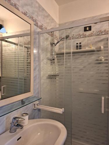 y baño con ducha acristalada y lavamanos. en Cozy home with parking & wi -fi en Marina di Ravenna