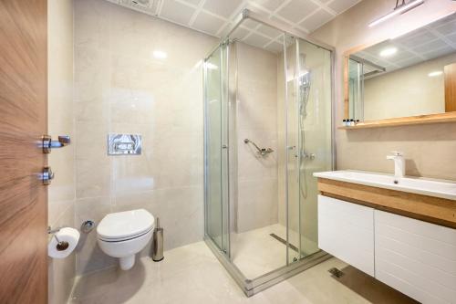 La salle de bains est pourvue d'une douche, de toilettes et d'un lavabo. dans l'établissement Emin Palace, à Istanbul