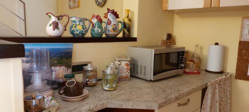 encimera de cocina con microondas y jarrones en Linda's Holiday Home, en Roccastrada