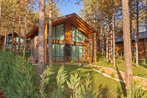 a log home in the woods with trees at Harmony Green Village Resort in Mahmudiye