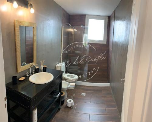 a bathroom with a sink and a toilet and a mirror at Mar Del Castle in Mar del Plata