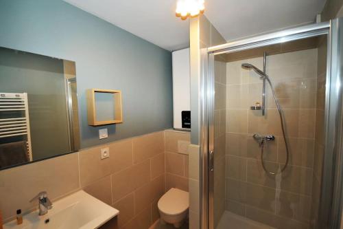 une salle de bain avec une douche, des toilettes et un lavabo dans l'établissement Le Lodge - Au coeur du village, à La Grave