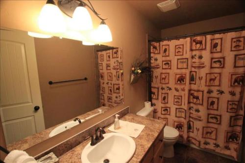 La salle de bains est pourvue d'un lavabo, d'un miroir et de toilettes. dans l'établissement Spacious 6 Br Town Home Near Ski Hill Road, à Driggs