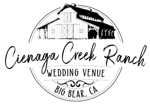 a label for a barn with the words garage creek ranch wedding venue at Cienaga Creek Ranch in Big Bear Lake