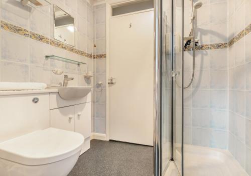 a bathroom with a toilet and a sink and a shower at Curlews Trevone in Padstow