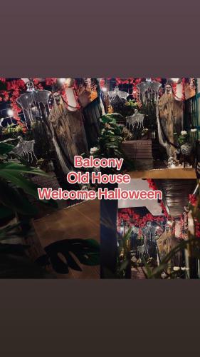a collage of photos of an old house with the words welcome halloween at Old House Homestay in Hanoi
