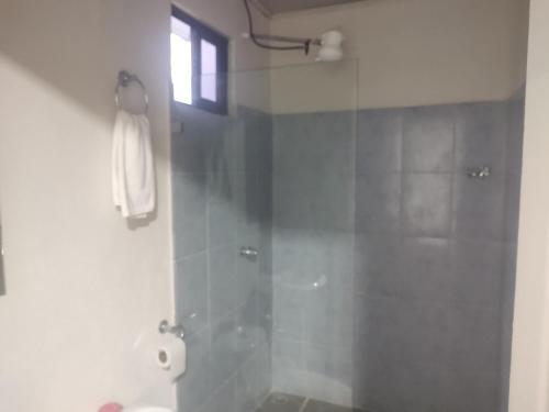 baño con ducha y puerta de cristal en Villas El Alto 1, en Tambor