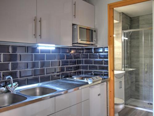 Il comprend une petite cuisine avec un évier et une douche. dans l'établissement Studio cosy pour 4 pers avec terrasse, à 300m des pistes, centre de Morzine - FR-1-524-108, à Morzine