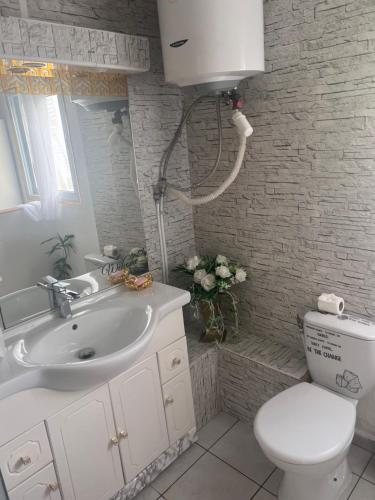 ein Badezimmer mit einem weißen Waschbecken und einem WC in der Unterkunft La suite parentale in Basse-Terre