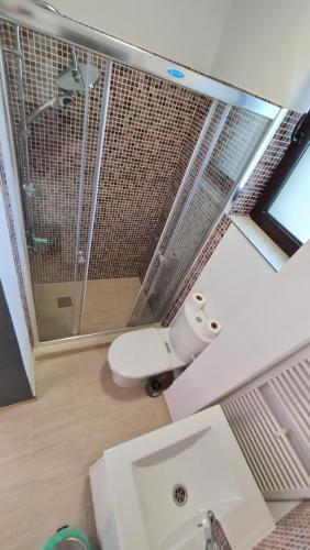 La salle de bains est pourvue d'un lavabo et d'une douche. dans l'établissement Pomiculturii Residence 2, à Timişoara