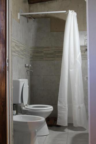 a bathroom with a toilet and a shower curtain at Posada Casablanca in La Carolina