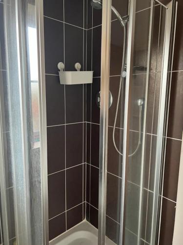a shower with a glass door in a bathroom at A Perfect homestay near Belfast in Ballyclare