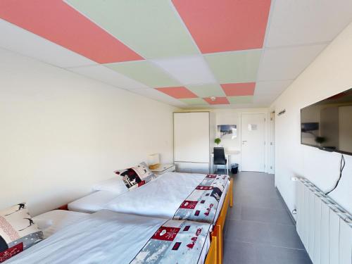 een kamer met 2 bedden en een televisie aan het plafond bij Chalet Montriond in Les Crosets