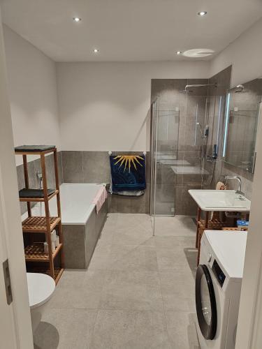 a bathroom with a shower and a toilet and a sink at Ferienwohnungen - barrierefrei - im sanierten Gutshof in Lalendorf
