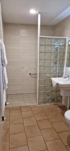 a bathroom with a shower and a sink at Hôtel Du Commerce in Fécamp