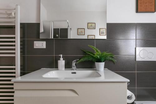 La salle de bains est pourvue d'un lavabo blanc et d'une plante. dans l'établissement Grazioso appartamento seconda fila sul mare - wifi, à Roseto degli Abruzzi