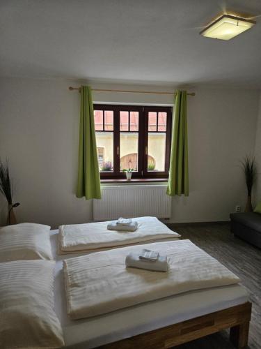 two beds in a room with a window at Apartmány Karolína - Kašperské Hory in Kašperské Hory