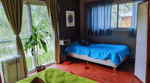 a bedroom with a bed with blue sheets and windows at CABAÑA MI PAZZ camino al cuadrado in Córdoba