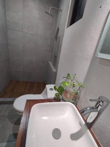 een badkamer met een witte wastafel en een toilet bij Loft privado San Jerónimo in León