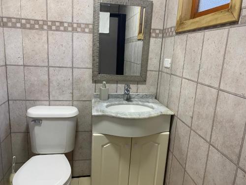 uma casa de banho com um WC, um lavatório e um espelho. em Casa Chilhué - Hostal Residencial em Castro