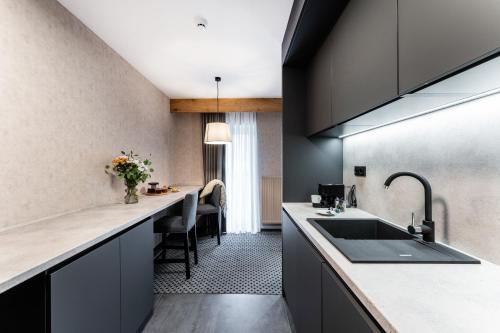 a kitchen with a sink and a counter top at Rezidence Alpina in Špindlerův Mlýn