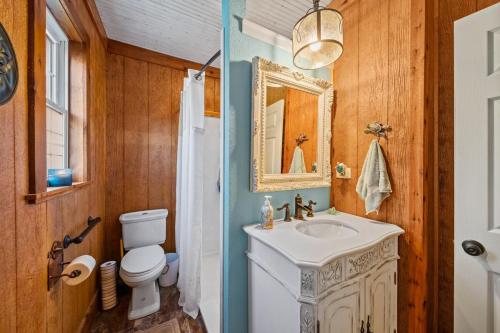 een badkamer met een wastafel, een toilet en een spiegel bij Escape To Willow Springs Inn, Cozy Home Wa View 