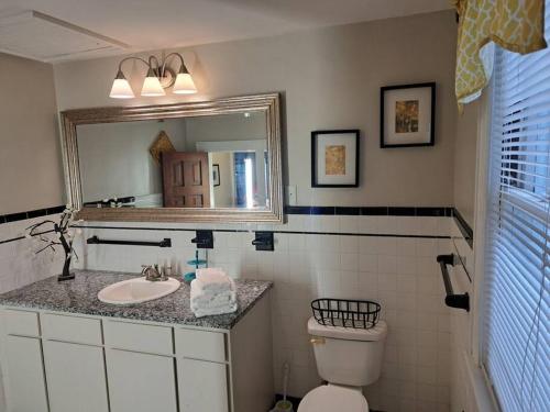 ein Badezimmer mit einem Waschbecken, einem Spiegel und einem WC in der Unterkunft Magnolia Place on Main in Florence