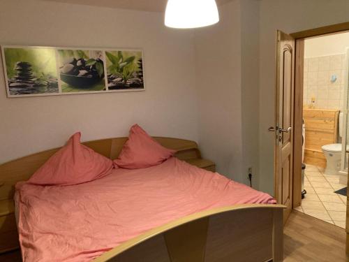 a bedroom with a bed with pink sheets and a bathroom at Gästezimmer in Görlitz