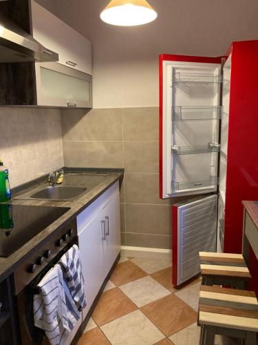 a kitchen with a sink and an empty refrigerator at Gästezimmer in Görlitz