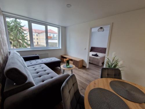 ein Wohnzimmer mit einem Sofa und einem Tisch in der Unterkunft Malūno apartamentai in Klaipėda
