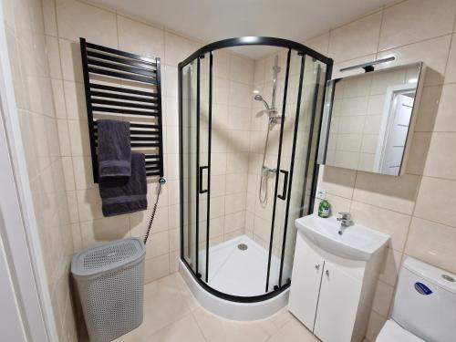 ein Bad mit einer Dusche, einem WC und einem Waschbecken in der Unterkunft Malūno apartamentai in Klaipėda