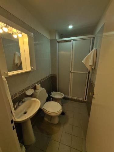 uma casa de banho com 2 WC, um lavatório e um chuveiro em Avellaneda Apart 3 em Mendoza