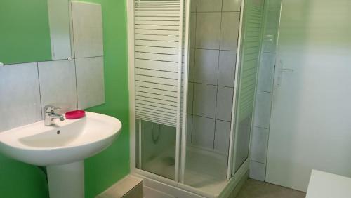 ein Bad mit einem Waschbecken und einer Glasdusche in der Unterkunft Maison du soleil in Les Abymes