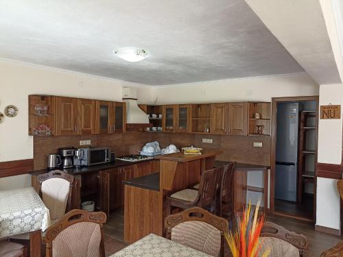 a kitchen with wooden cabinets and a counter top at Pensiunea Sofy in Arieşeni