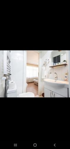 ein weißes Badezimmer mit 2 WCs und einem Waschbecken in der Unterkunft 3 FLOOR OLD CITY 3 in Istanbul