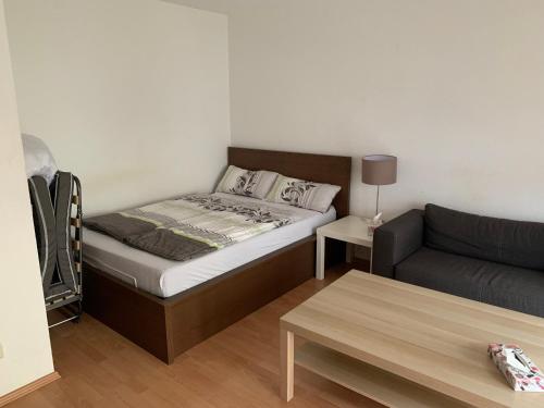 ein kleines Zimmer mit einem Bett und einem Sofa in der Unterkunft Studio Heidelberg in Heidelberg